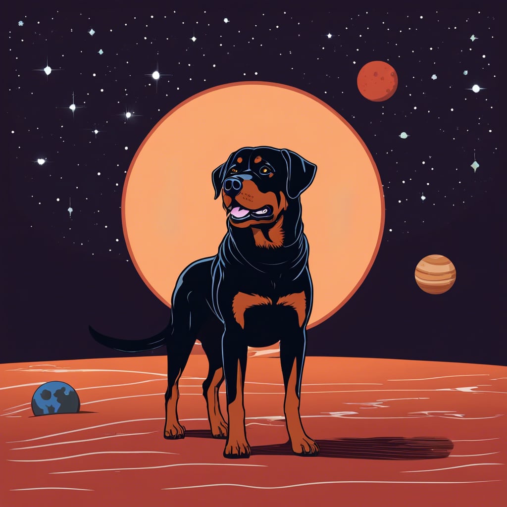 Illustrated Rottweiler with planets in space background, representing global pet travel