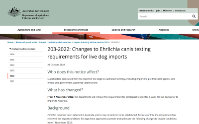 Australia’s 2022-2026 Dog Import Rule Change: Ehrlichia canis (E. canis) No Longer Must Test “Negative” — The Date, the Reason, and What It Means for Real Families