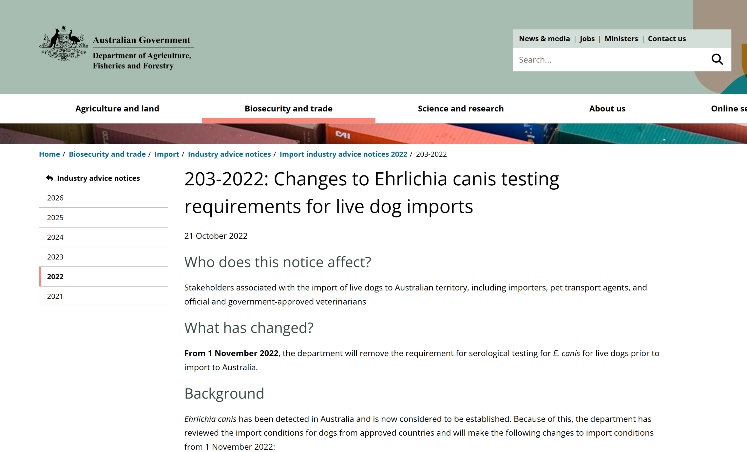 Australian Government notice about Ehrlichia canis testing requirement changes for dog imports effective November 2022