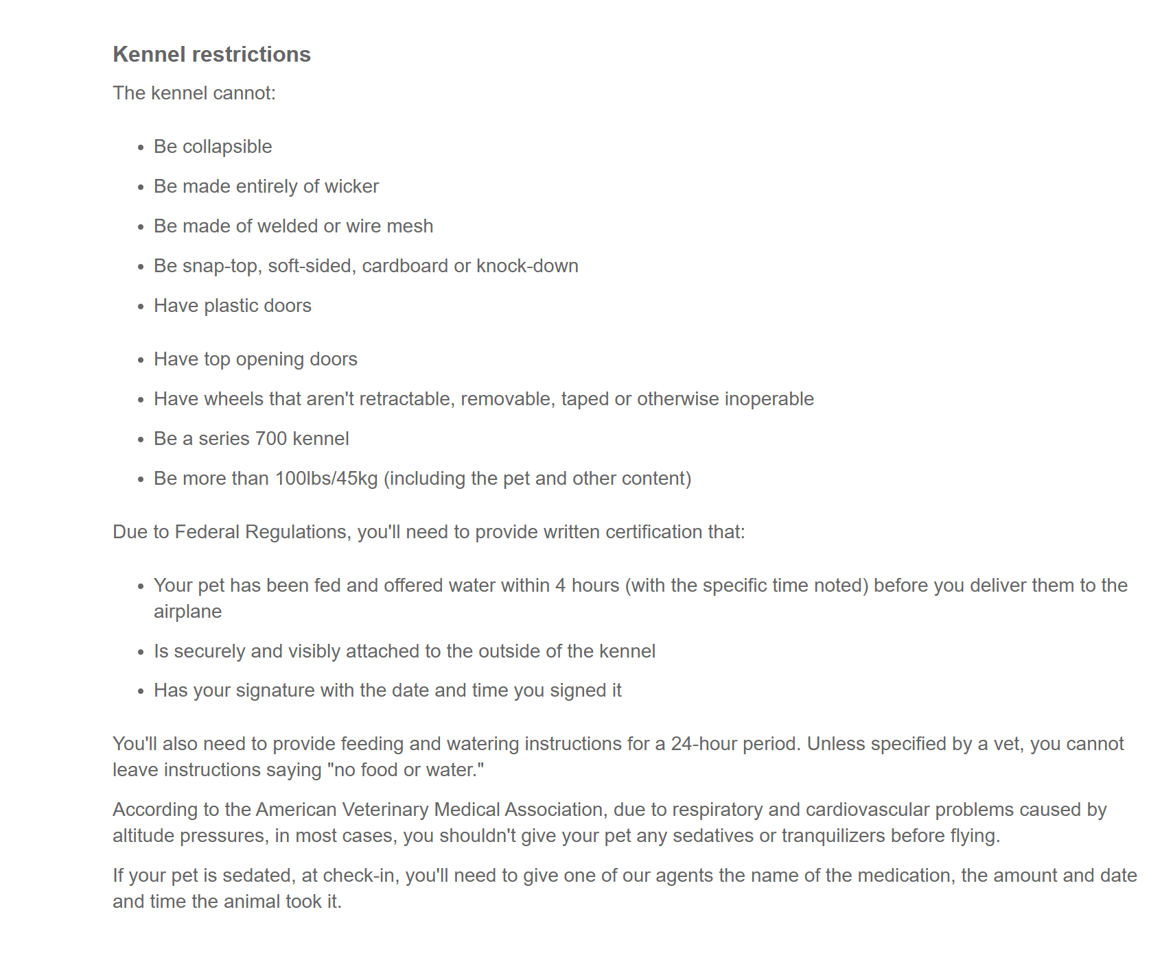 Airline pet kennel restrictions and requirements list including size limits and construction materials