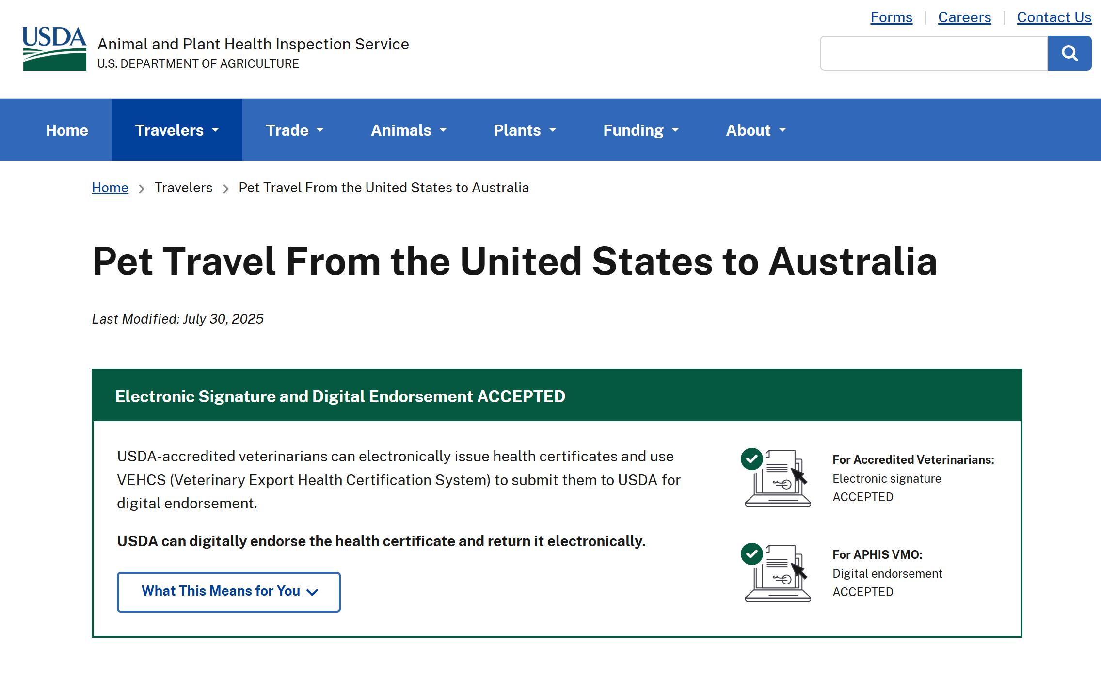 USDA APHIS Australia pet import page showing electronic signature and digital endorsement accepted