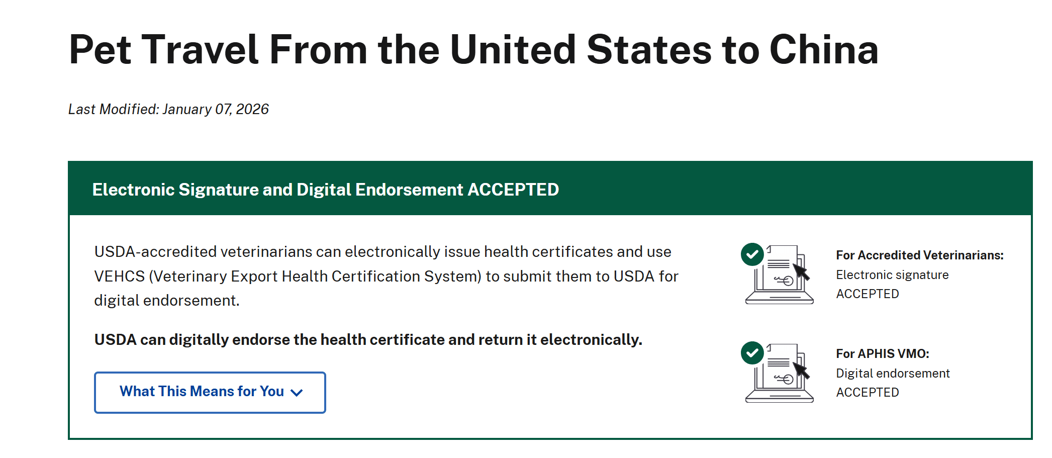 USDA APHIS pet travel to China page showing electronic signature and digital endorsement now accepted for health certificates