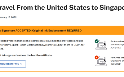2026 Singapore Pet Entry Update: U.S. Dogs & Cats May Qualify for Home Quarantine — and the U.S. Has Been Reclassified to a Lower-Risk Schedule