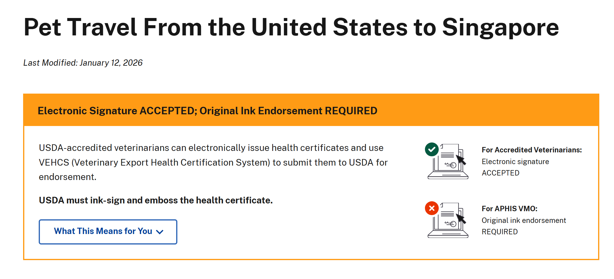 USDA APHIS Singapore pet import page showing electronic signature accepted for dog and cat health certificates