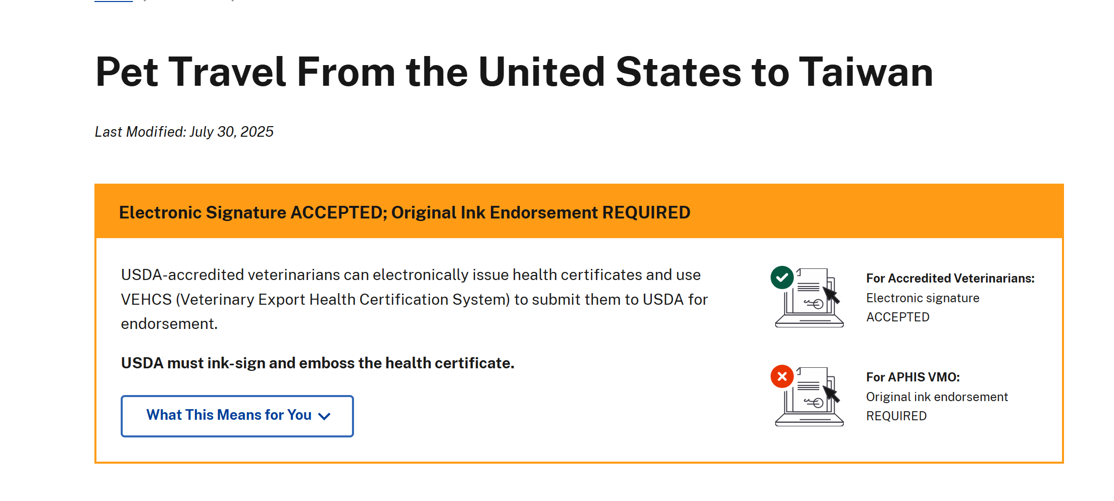 USDA APHIS Taiwan pet import requirements showing electronic signature accepted with original ink endorsement required
