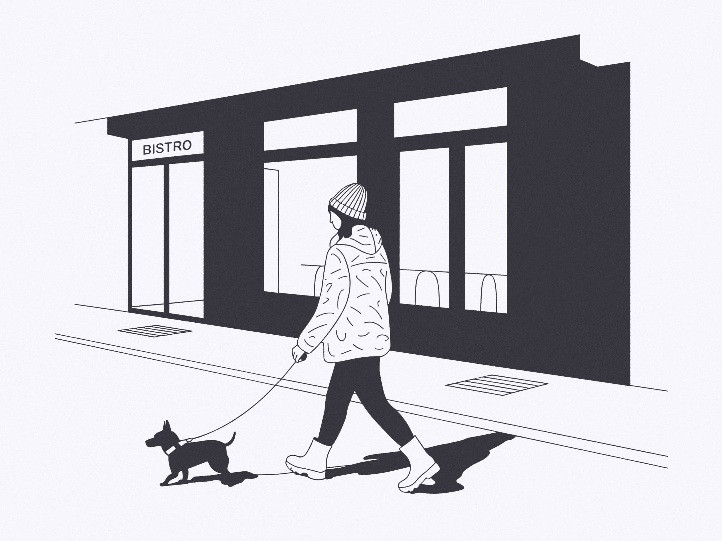 Black and white illustration of a person in a beanie walking a small dog on a leash past a bistro
